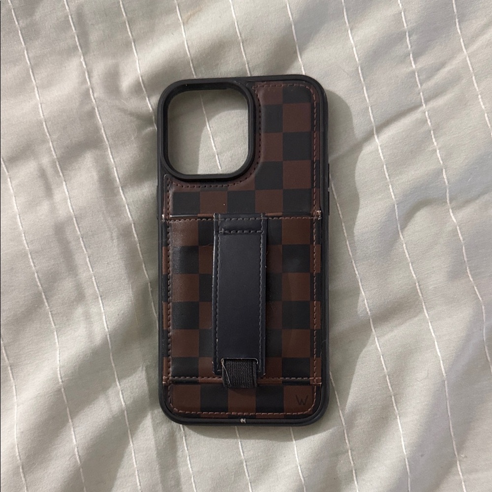 iPhone 14 Pro Max Walli Brown Checker Pattern Phone Case with Strap